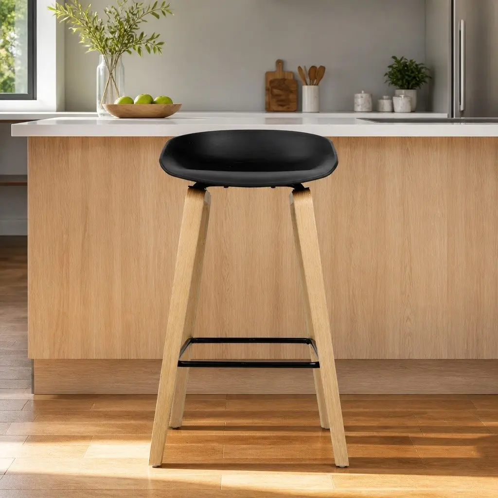 Bar Stools Black Wooden Legs PP Plastic Seat Metal Footrest 2 Piece