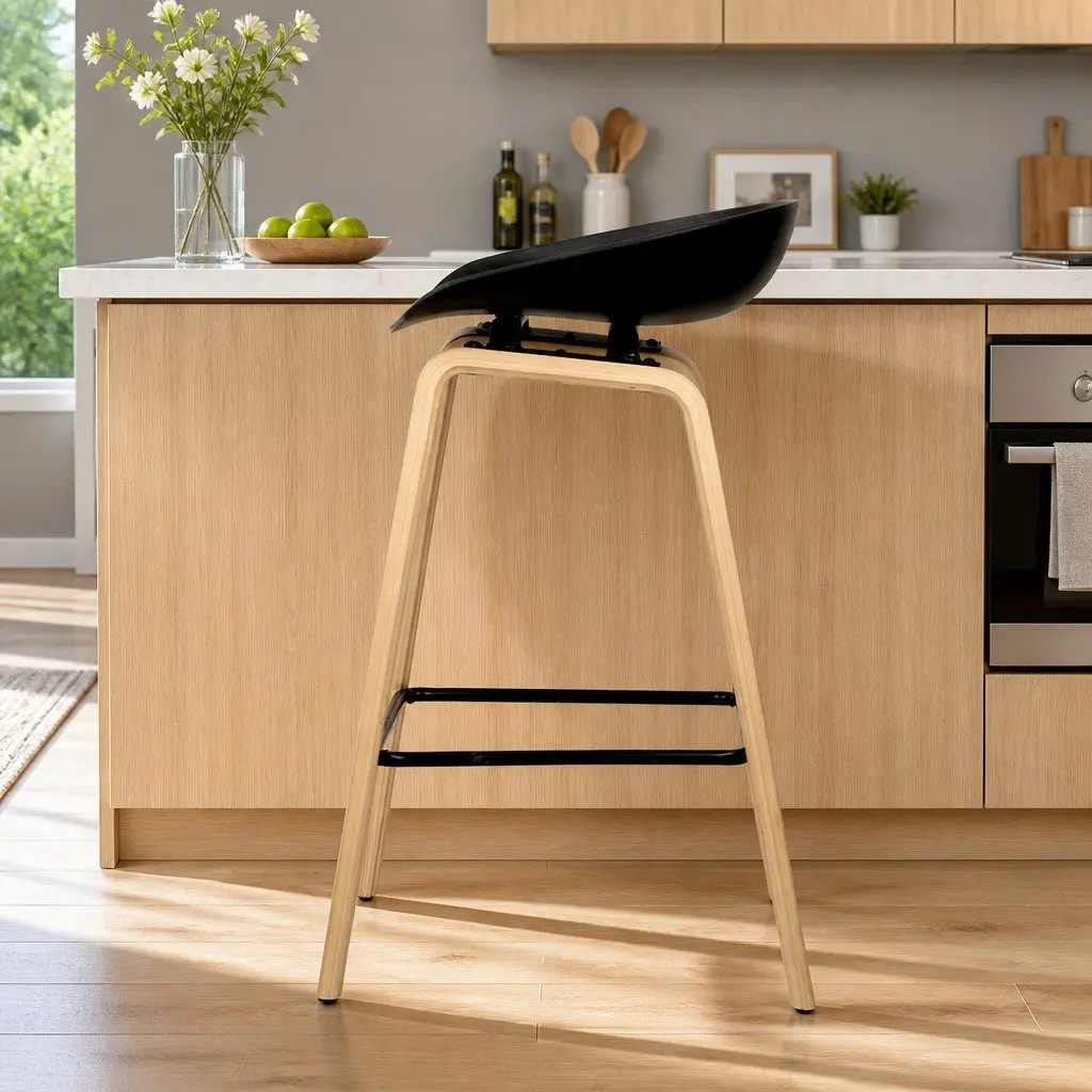 Bar Stools Black Wooden Legs PP Plastic Seat Metal Footrest 2 Piece