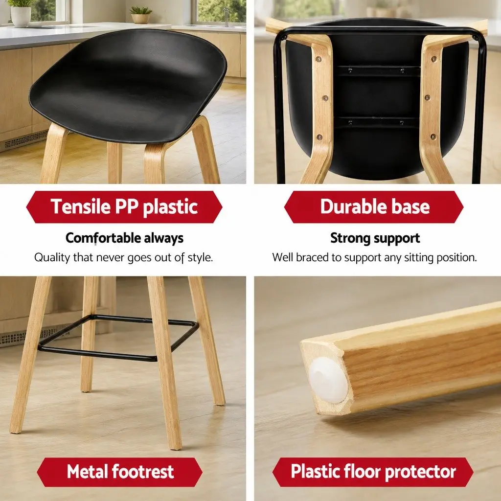 Bar Stools Black Wooden Legs PP Plastic Seat Metal Footrest 2 Piece