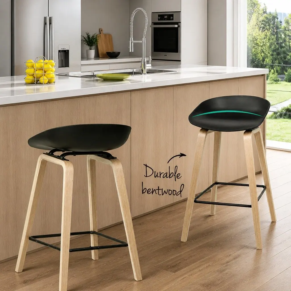 Bar Stools Black Wooden Legs PP Plastic Seat Metal Footrest 2 Piece