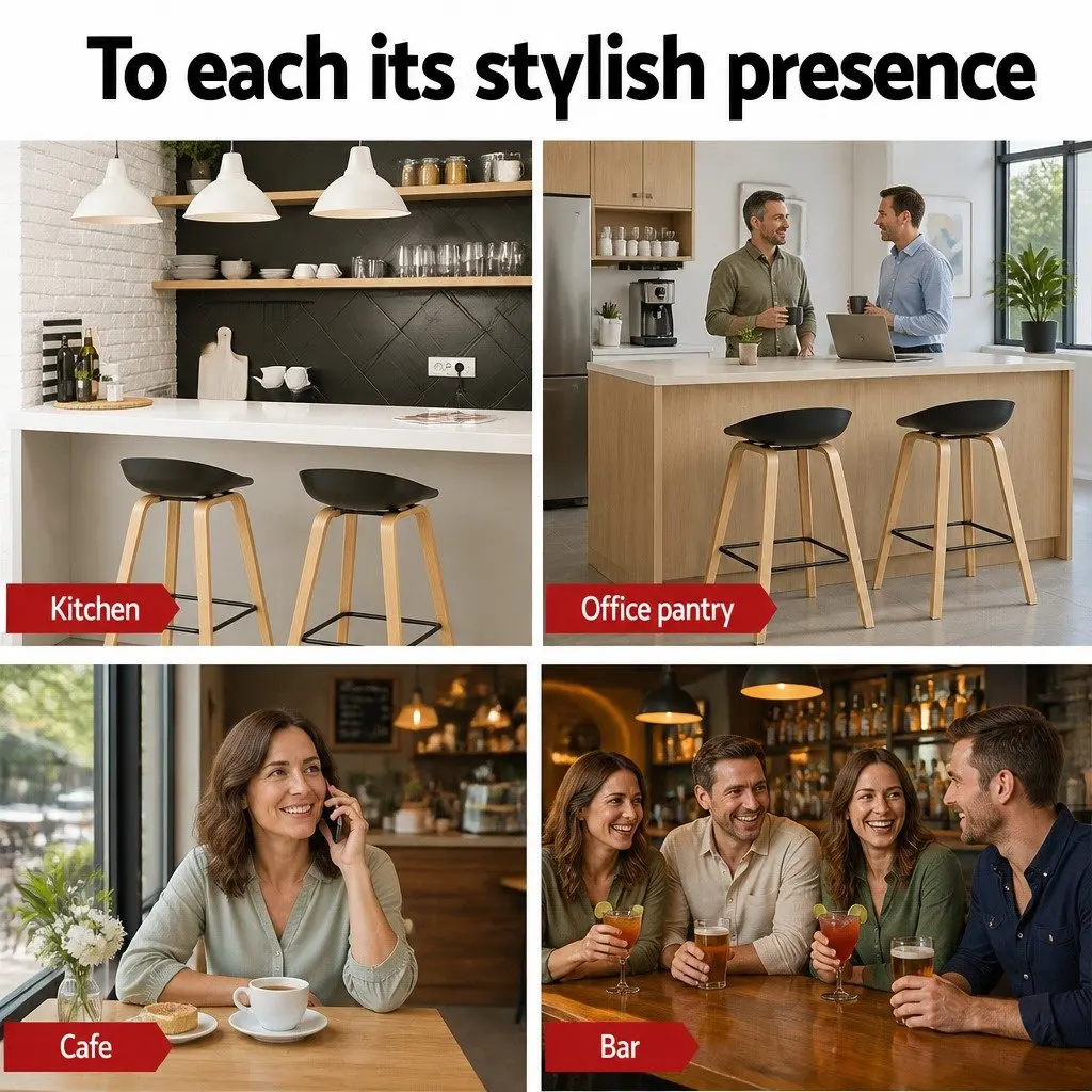 Bar Stools Black Wooden Legs PP Plastic Seat Metal Footrest 2 Piece