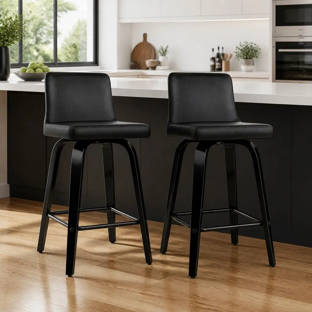Set of 2 Black Padded Swivel Bar Stools