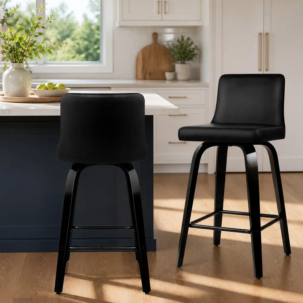 Set of 2 Black Padded Swivel Bar Stools