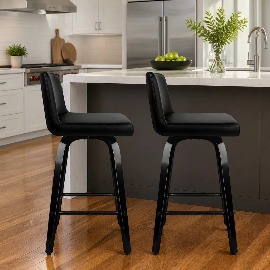 Set of 2 Black Padded Swivel Bar Stools