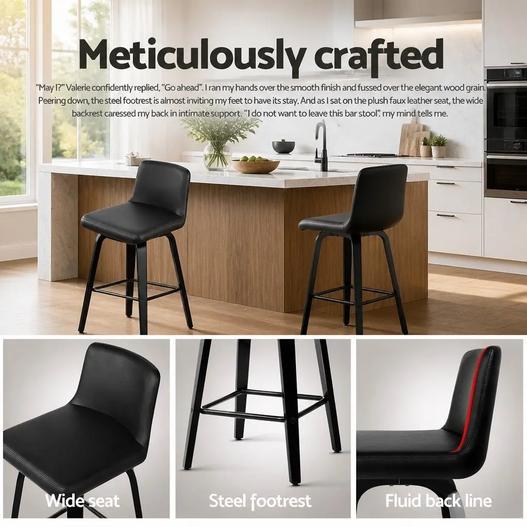 Set of 2 Black Padded Swivel Bar Stools