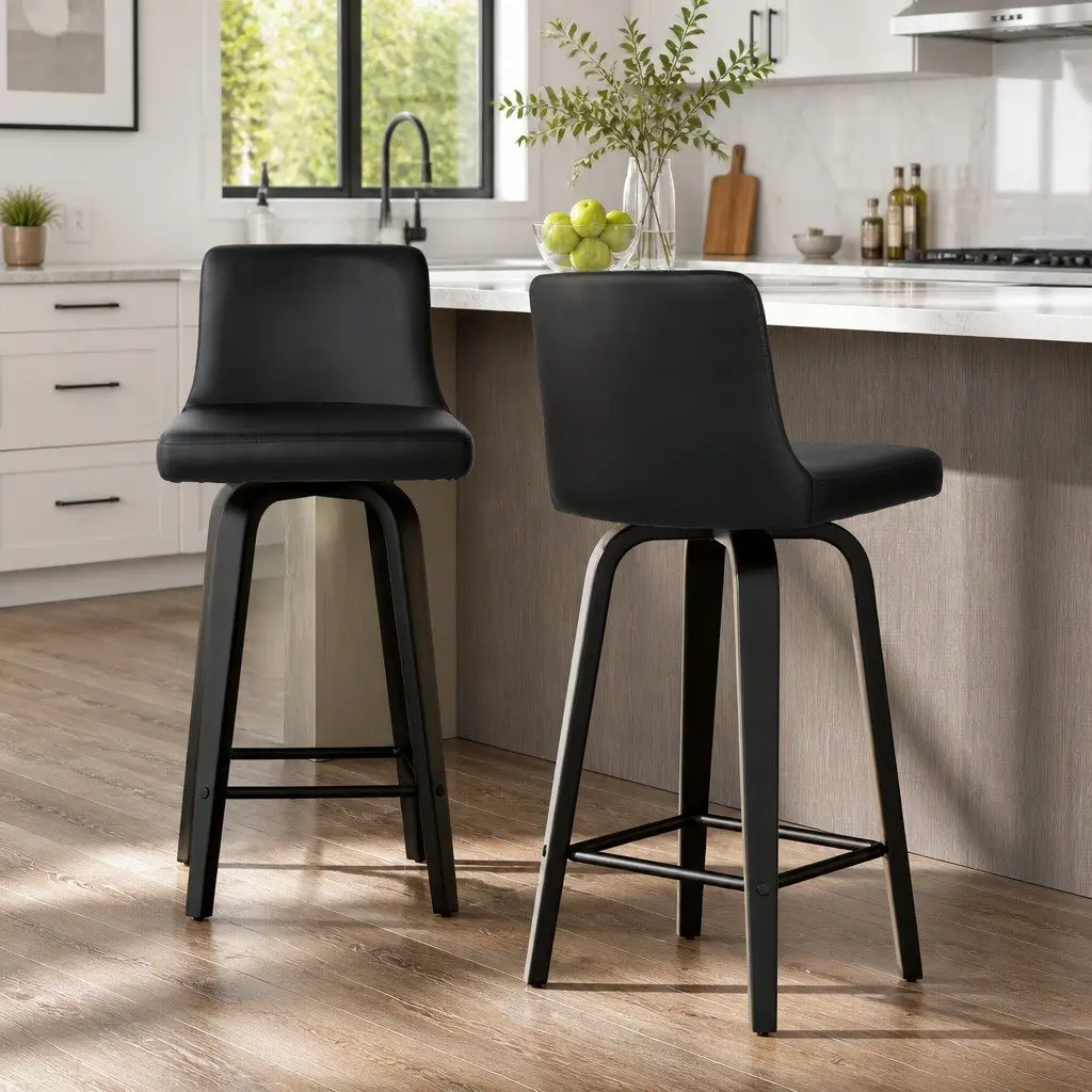 Set of 2 Black Padded Swivel Bar Stools