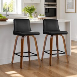 Swivel Bar Stools with Padded Backrest, Black & Wood, Set of 2