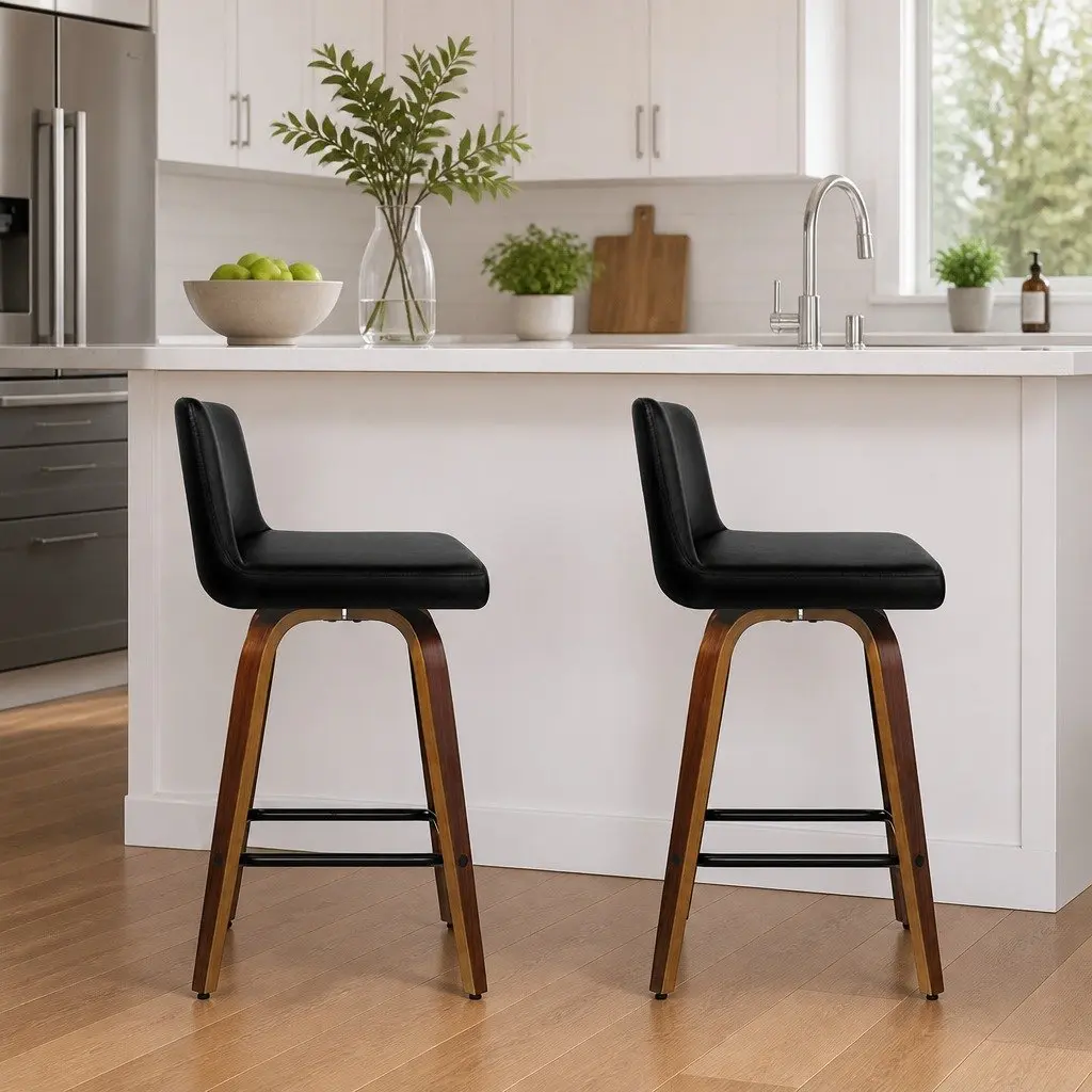 Swivel Bar Stools with Padded Backrest, Black & Wood, Set of 2