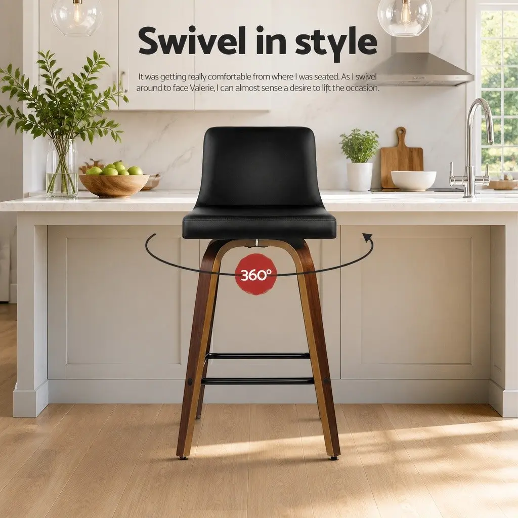 Swivel Bar Stools with Padded Backrest, Black & Wood, Set of 2