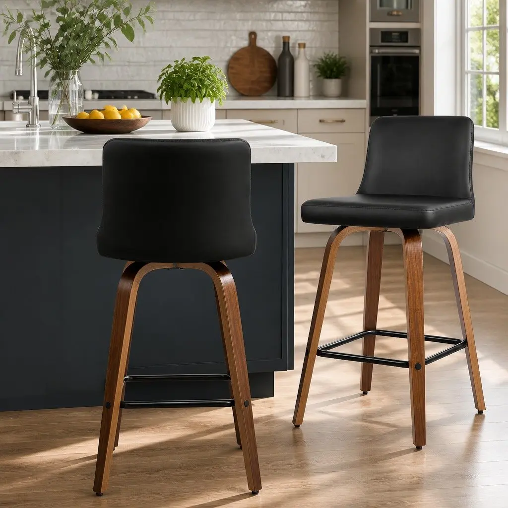 Swivel Bar Stools with Padded Backrest, Black & Wood, Set of 2