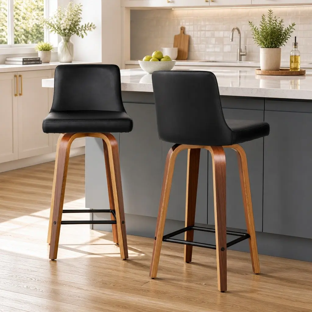 Swivel Bar Stools with Padded Backrest, Black & Wood, Set of 2