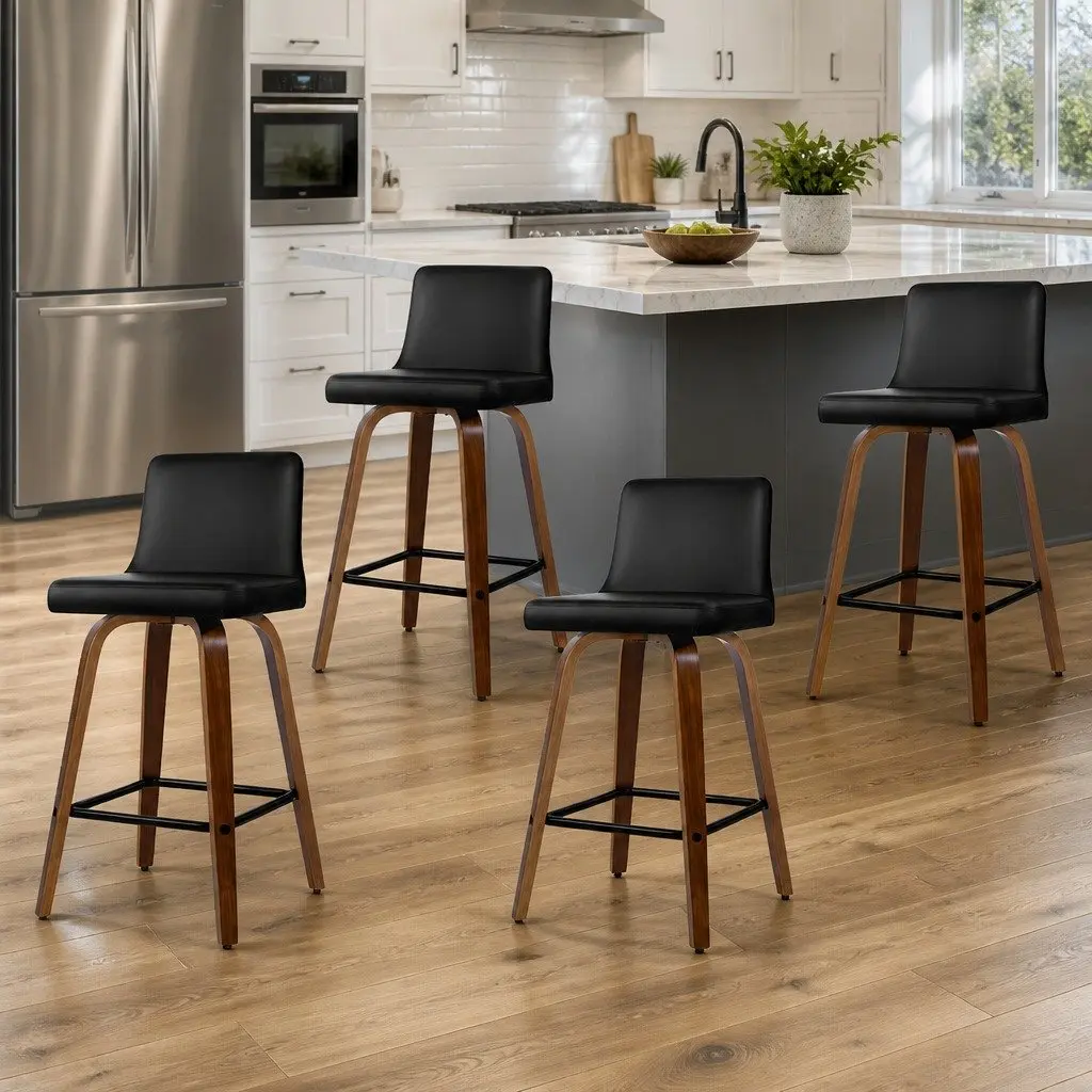 Bar Stools Swivel Padded Black Wooden Backrest 4 Piece PU Leather Kitchen Counter Seating