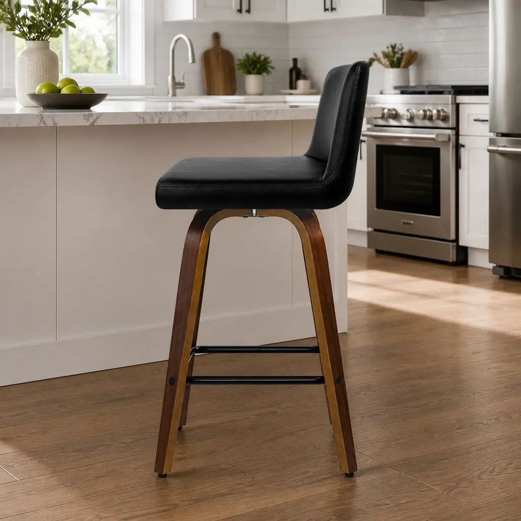 Bar Stools Swivel Padded Black Wooden Backrest 4 Piece PU Leather Kitchen Counter Seating