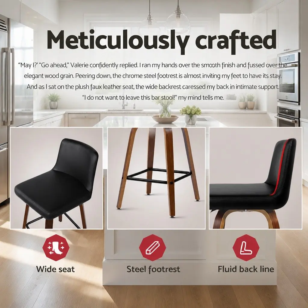 Bar Stools Swivel Padded Black Wooden Backrest 4 Piece PU Leather Kitchen Counter Seating