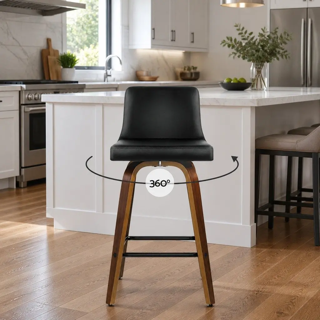 Bar Stools Swivel Padded Black Wooden Backrest 4 Piece PU Leather Kitchen Counter Seating