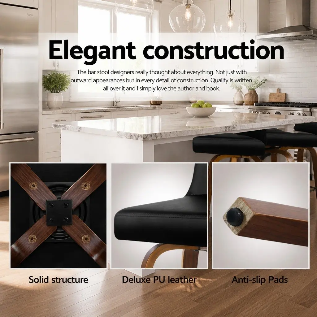Bar Stools Swivel Padded Black Wooden Backrest 4 Piece PU Leather Kitchen Counter Seating