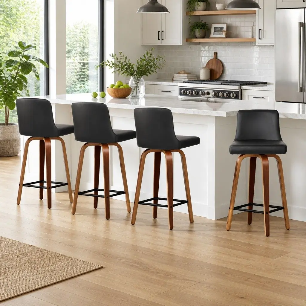 Bar Stools Swivel Padded Black Wooden Backrest 4 Piece PU Leather Kitchen Counter Seating