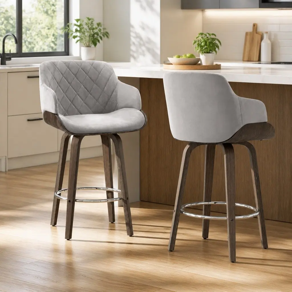 Set of 2 Velvet Swivel Bar Stools with Backrest