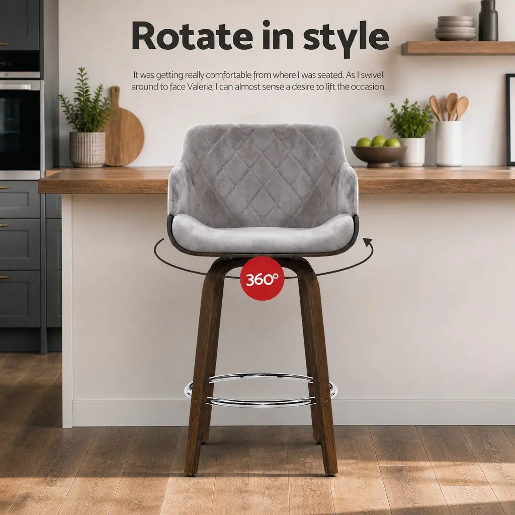 Set of 2 Velvet Swivel Bar Stools with Backrest