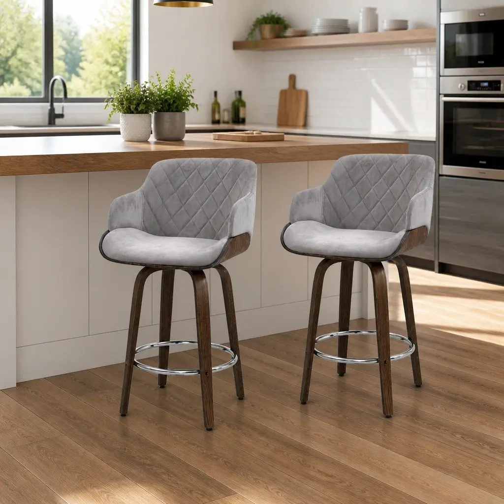 Set of 2 Velvet Swivel Bar Stools with Backrest