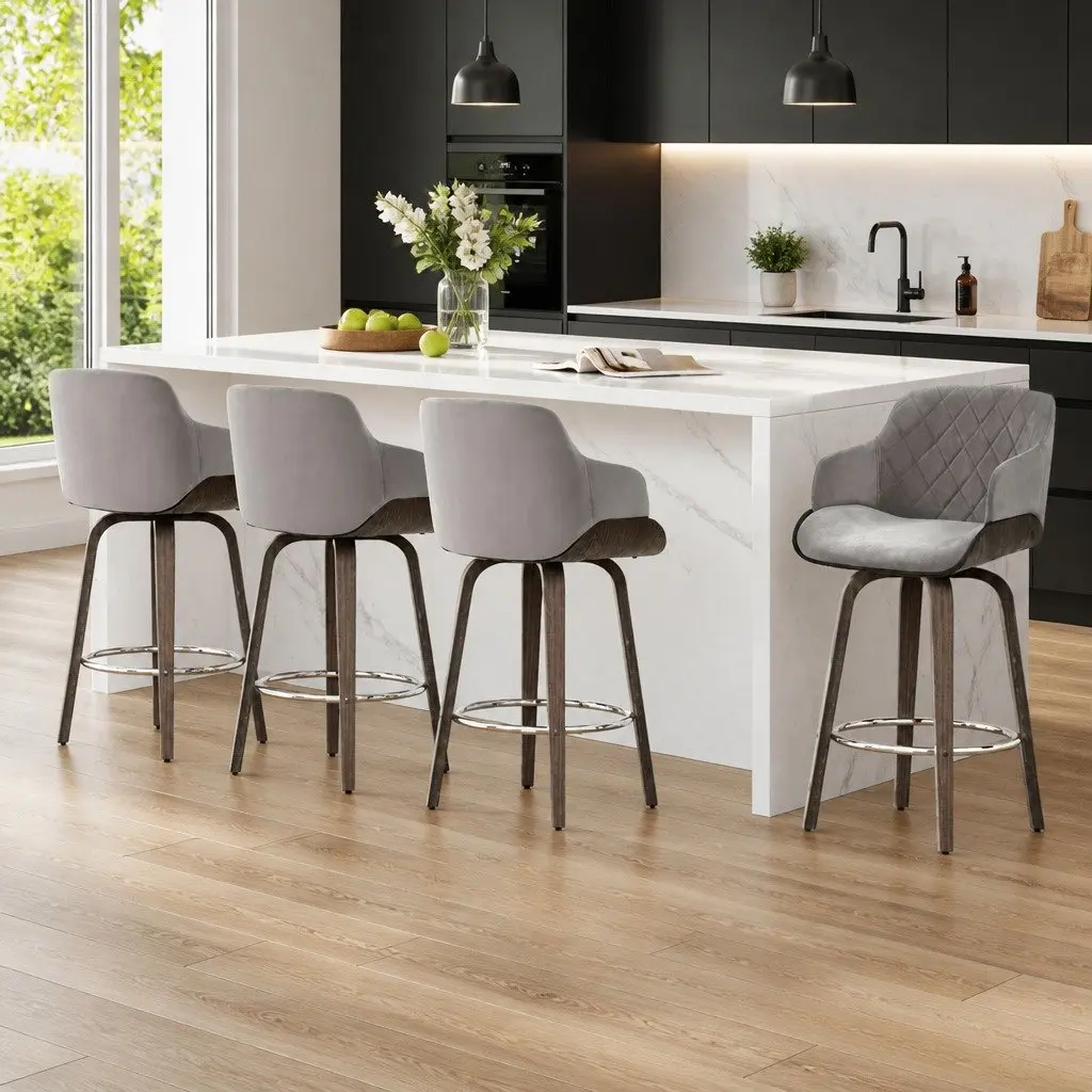 Set of 4 Velvet Grey Swivel Bar Stools