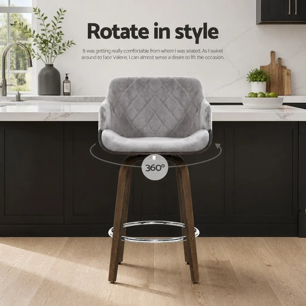 Set of 4 Velvet Grey Swivel Bar Stools