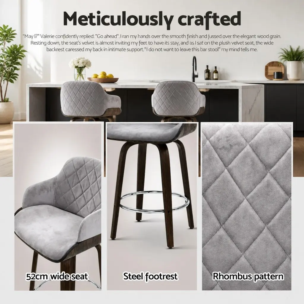 Set of 4 Velvet Grey Swivel Bar Stools