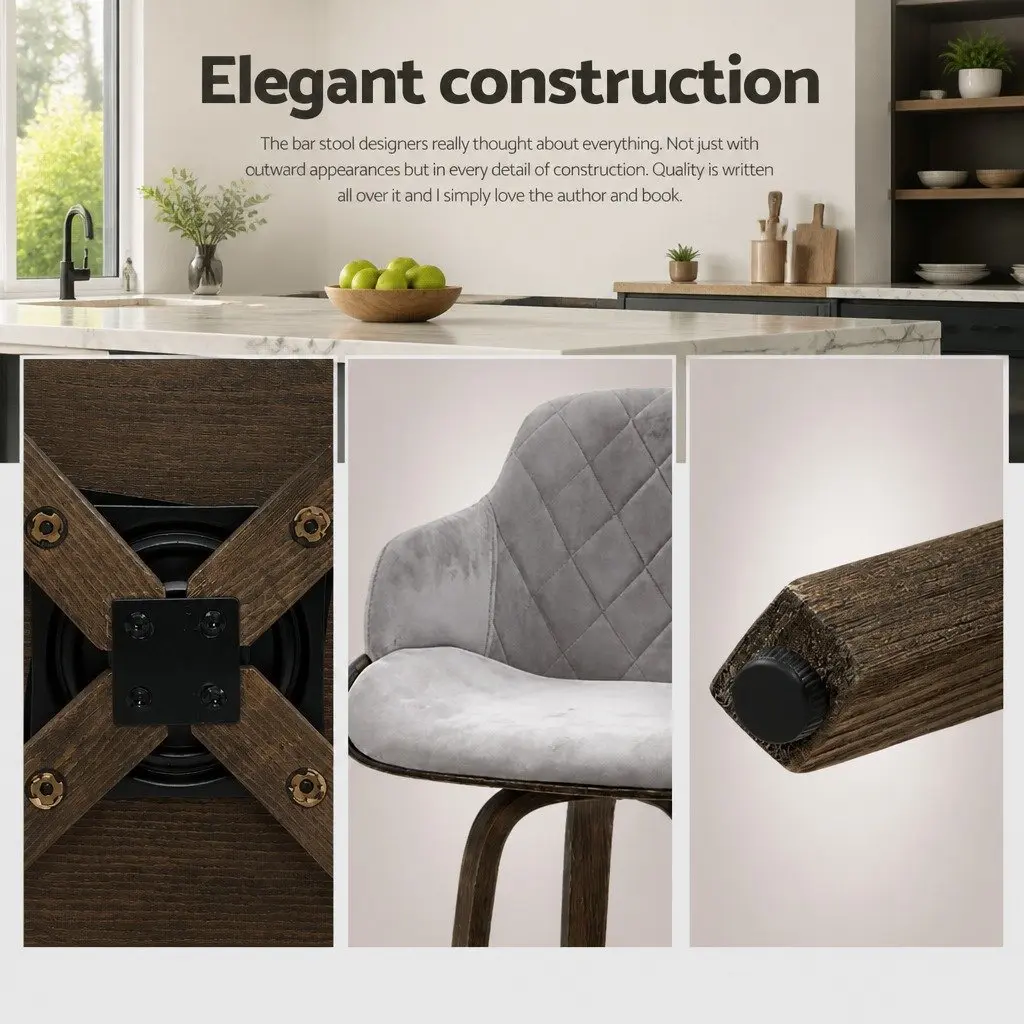 Set of 4 Velvet Grey Swivel Bar Stools