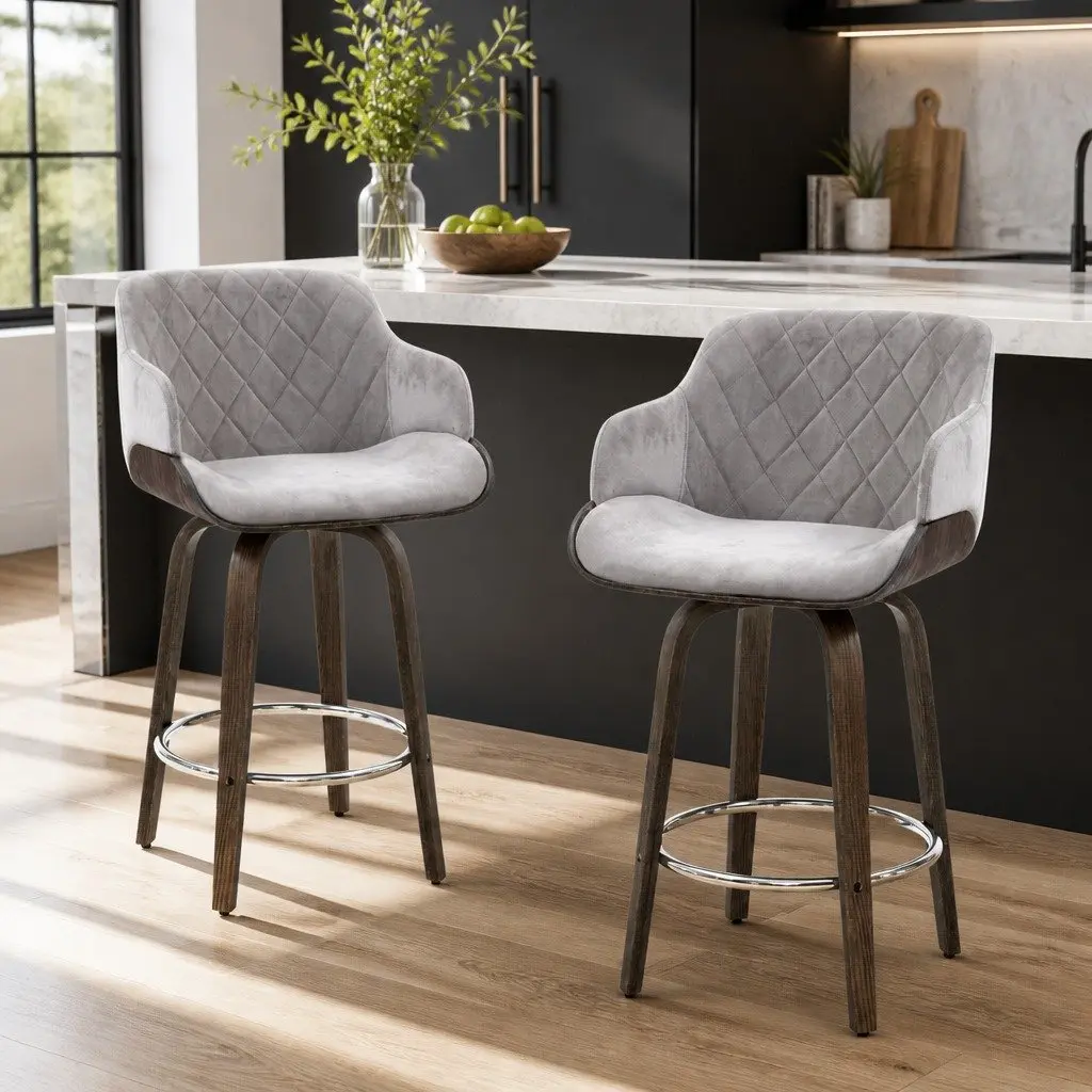 Set of 4 Velvet Grey Swivel Bar Stools