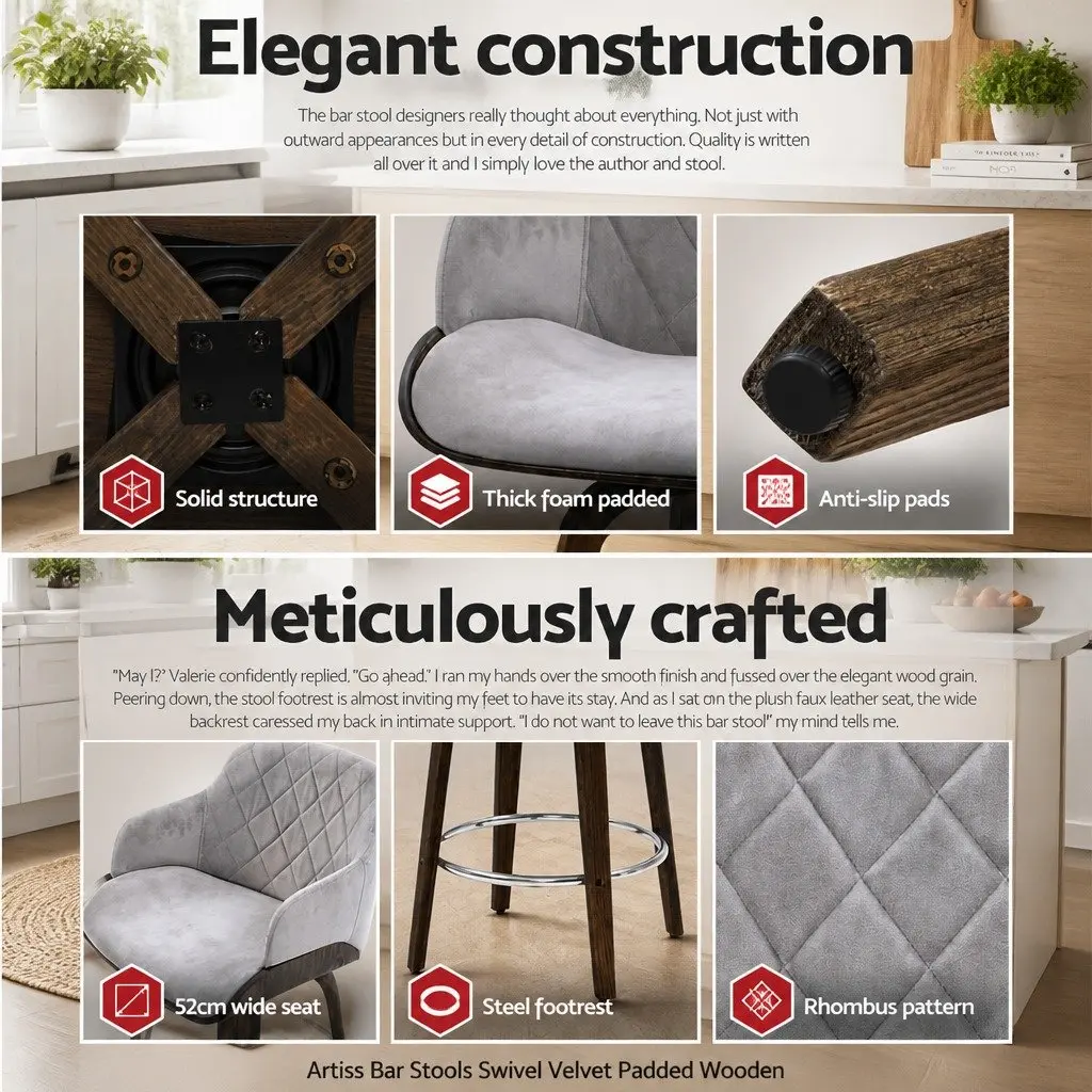 Bar Stools Swivel Velvet Padded Wooden Grey Kitchen Dining Chair Footrest 96cm