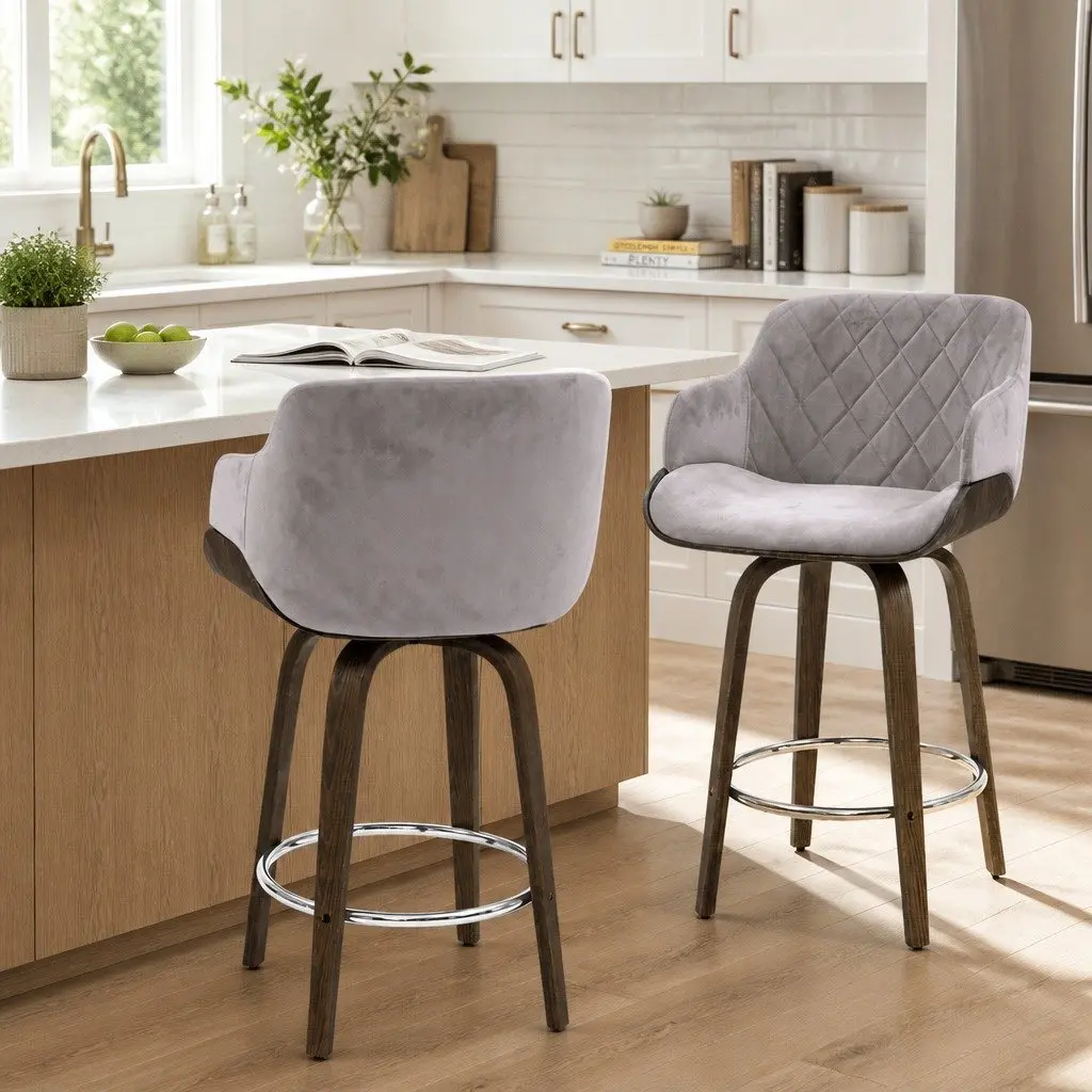 Bar Stools Swivel Velvet Padded Wooden Grey Kitchen Dining Chair Footrest 96cm