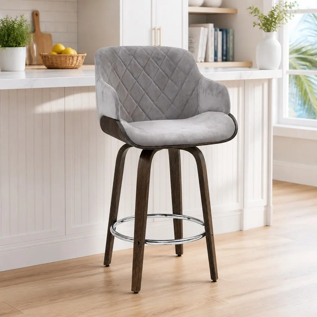 Bar Stools Swivel Velvet Padded Wooden Grey Kitchen Dining Chair Footrest 96cm