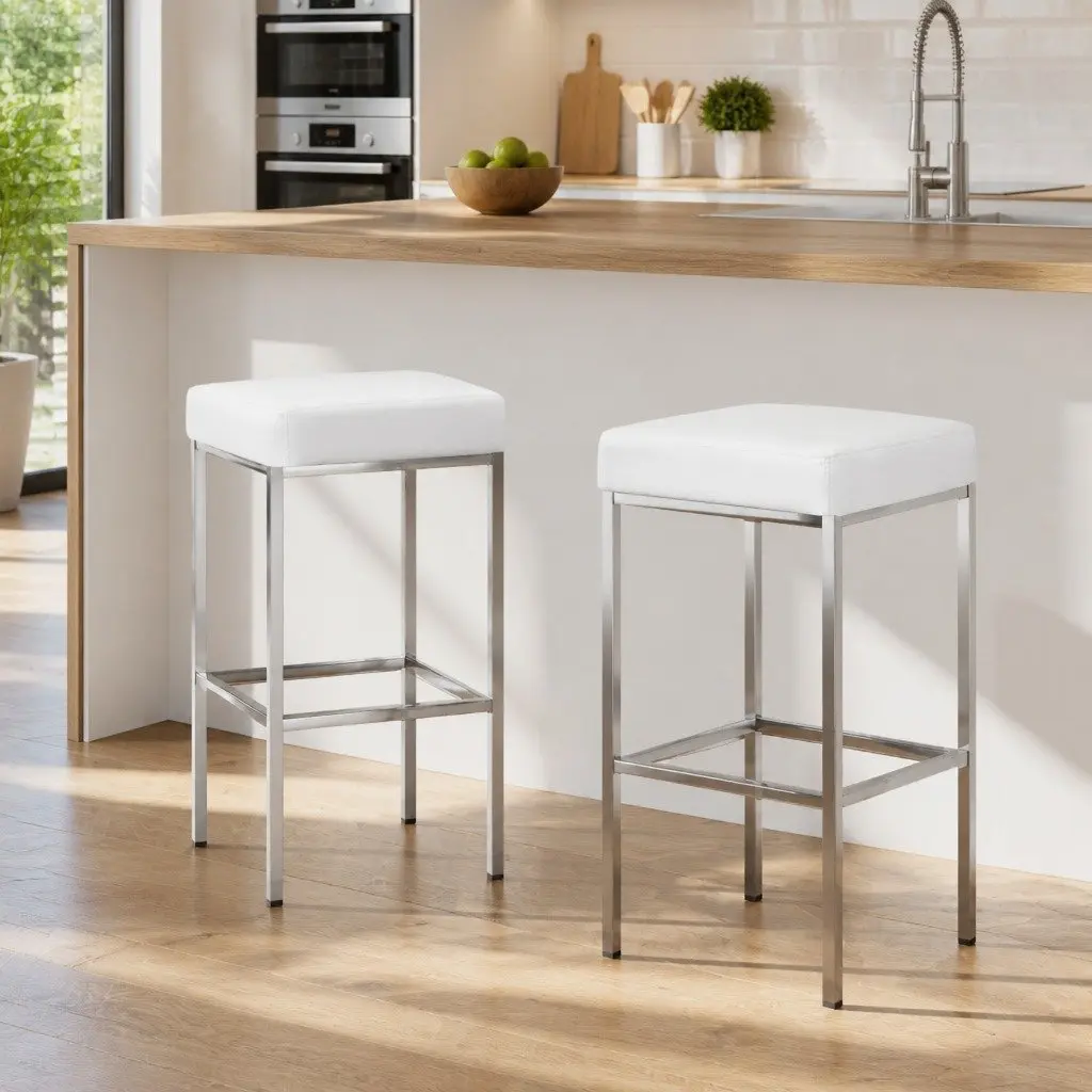 Set of 2 White Bar Stools with Padded Seats