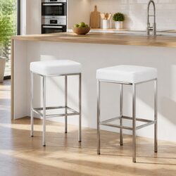 Set of 2 White Bar Stools with Padded Seats