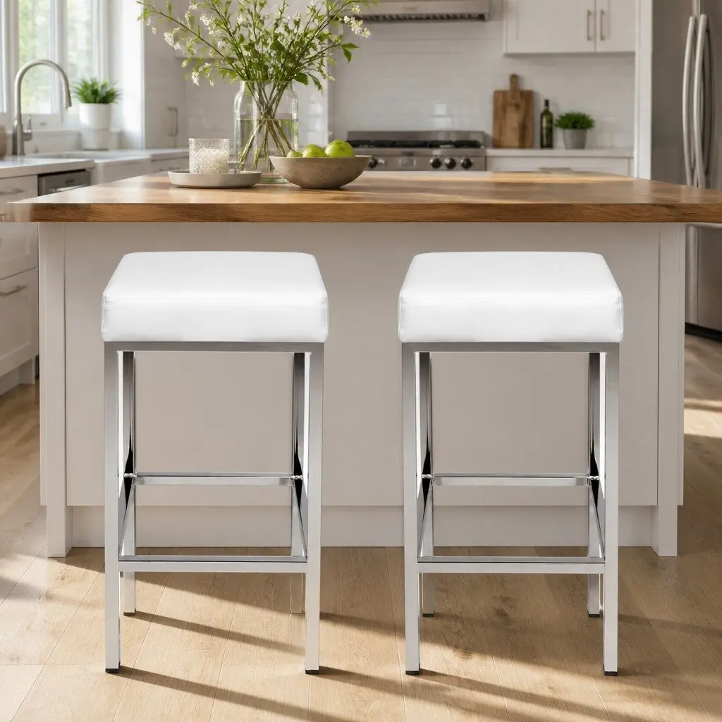 Set of 2 White Bar Stools with Padded Seats