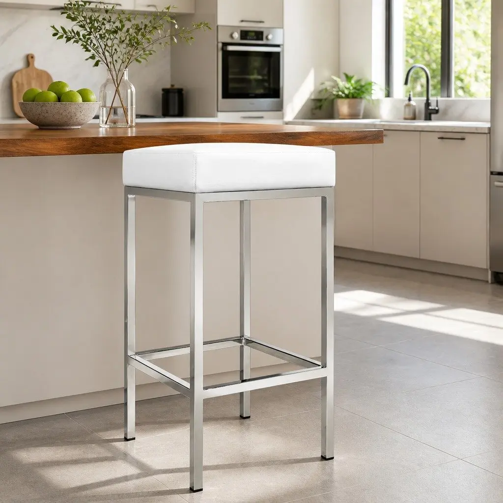Set of 2 White Bar Stools with Padded Seats