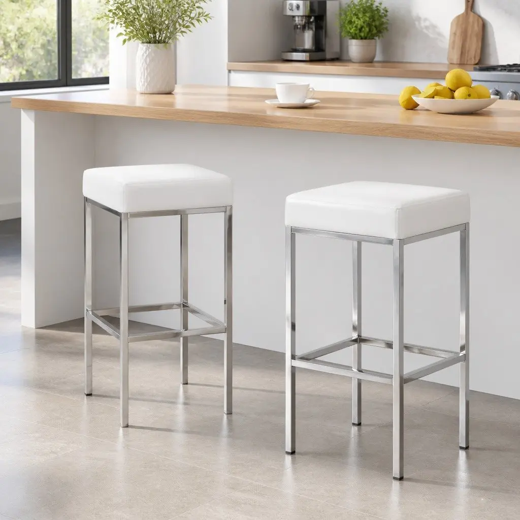 Set of 2 White Bar Stools with Padded Seats