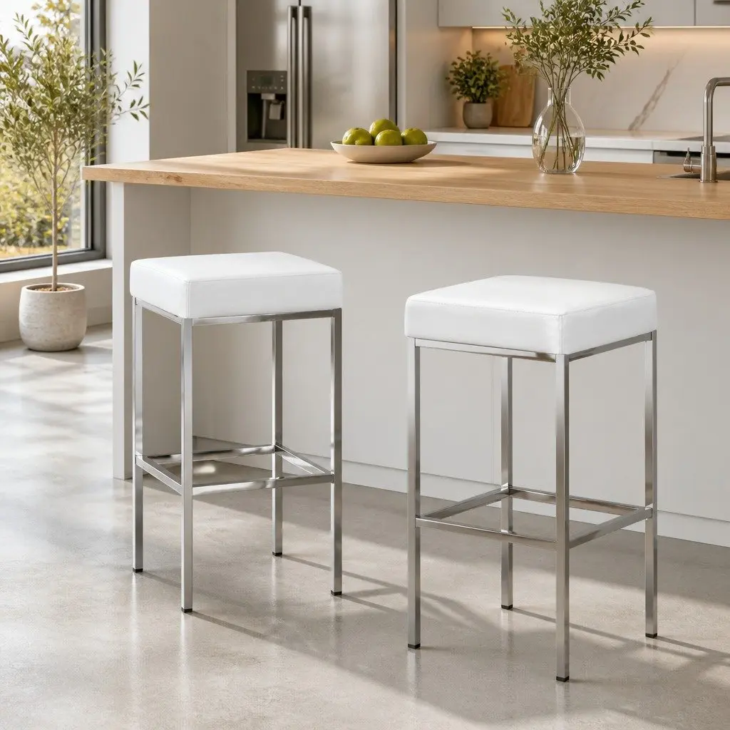 Set of 2 White Bar Stools with Padded Seats