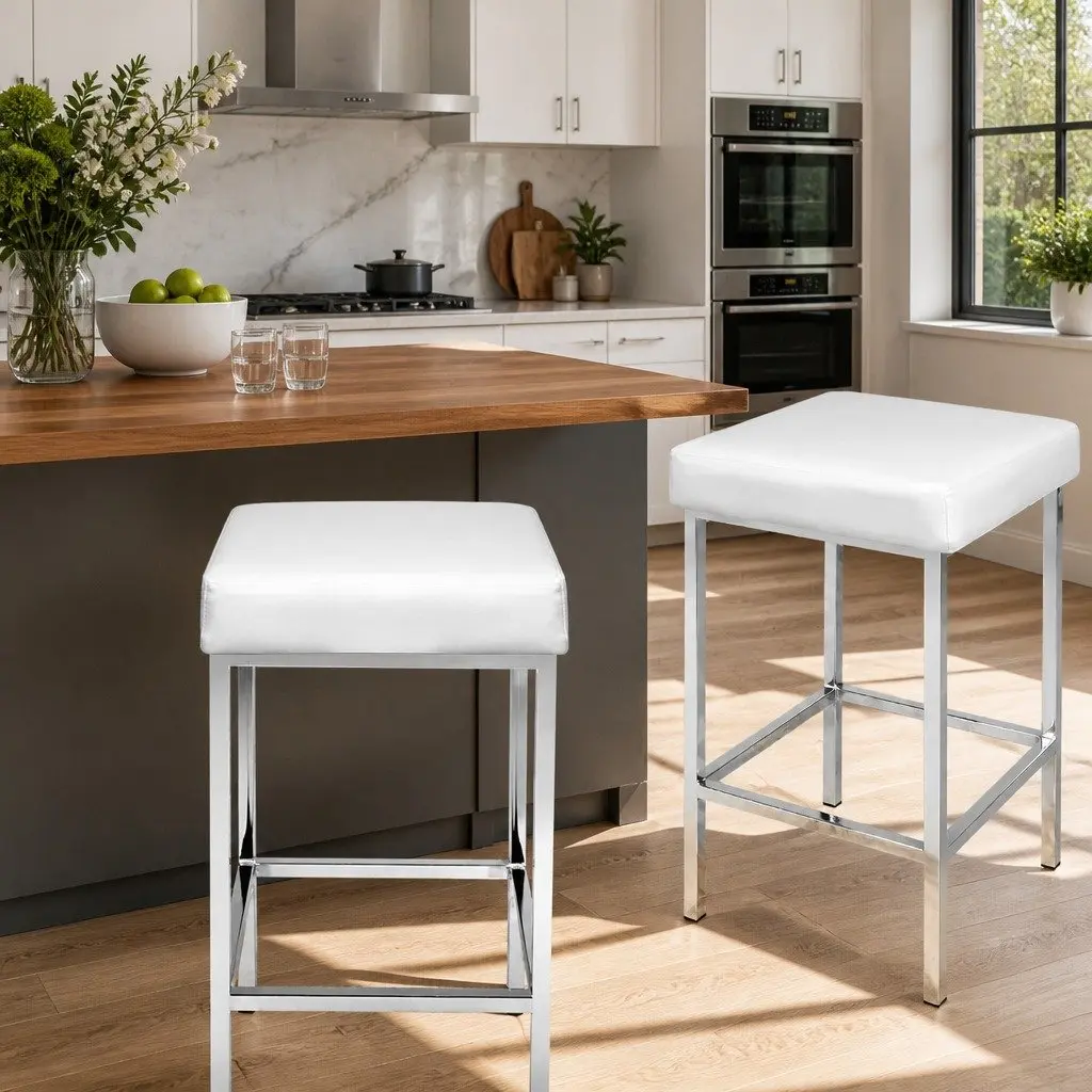 Set of 2 White Bar Stools with Padded Seats