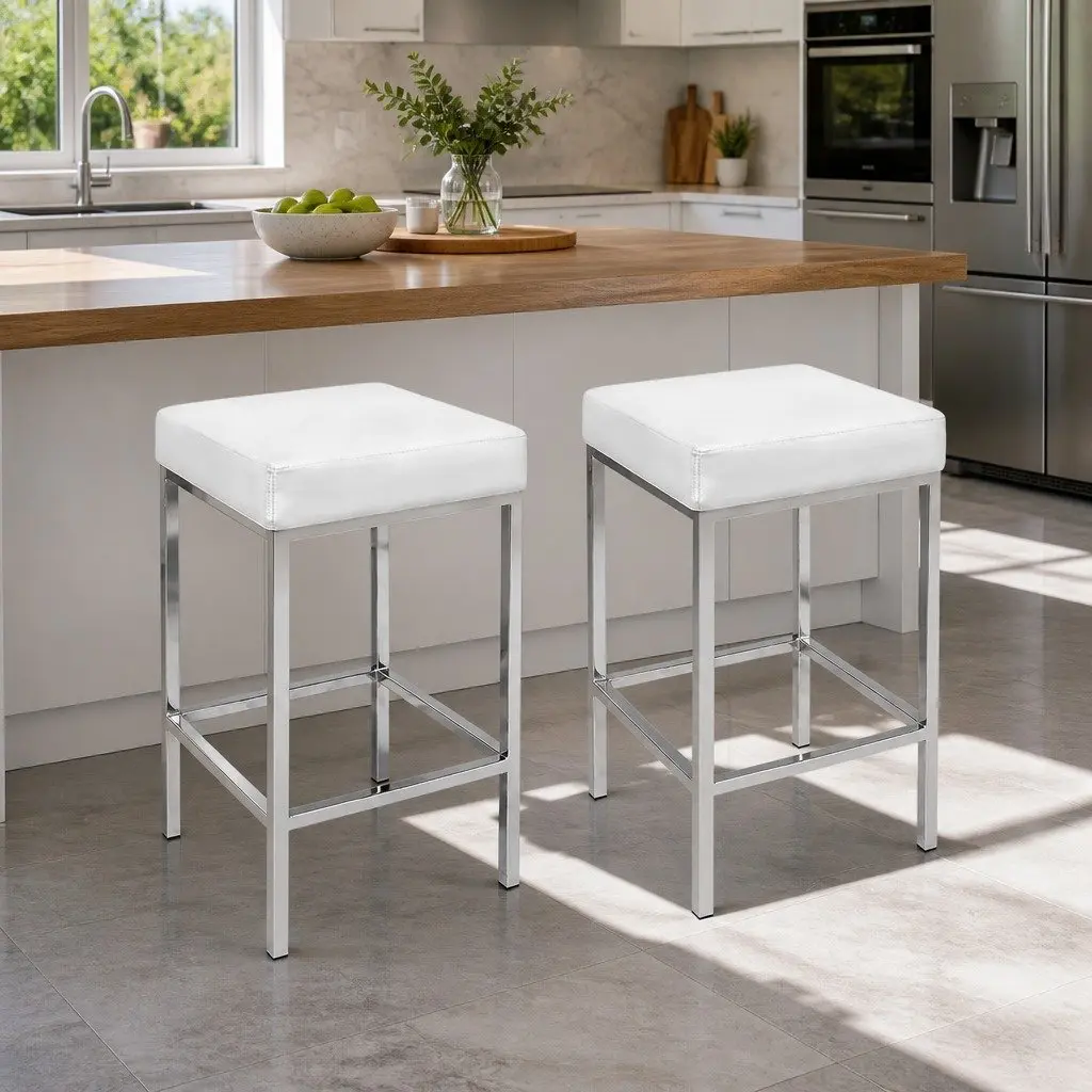 Set of 2 White Bar Stools with Padded Seats
