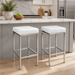 Set of 4 Modern White Bar Stools with Padded Seats