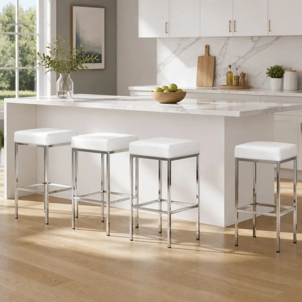 Bar Stools White PU Leather Padded Set of 4 Chrome Legs