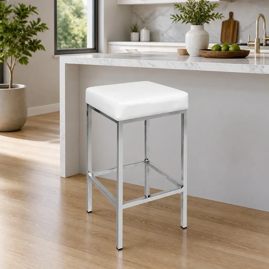 Bar Stools White PU Leather Padded Set of 4 Chrome Legs