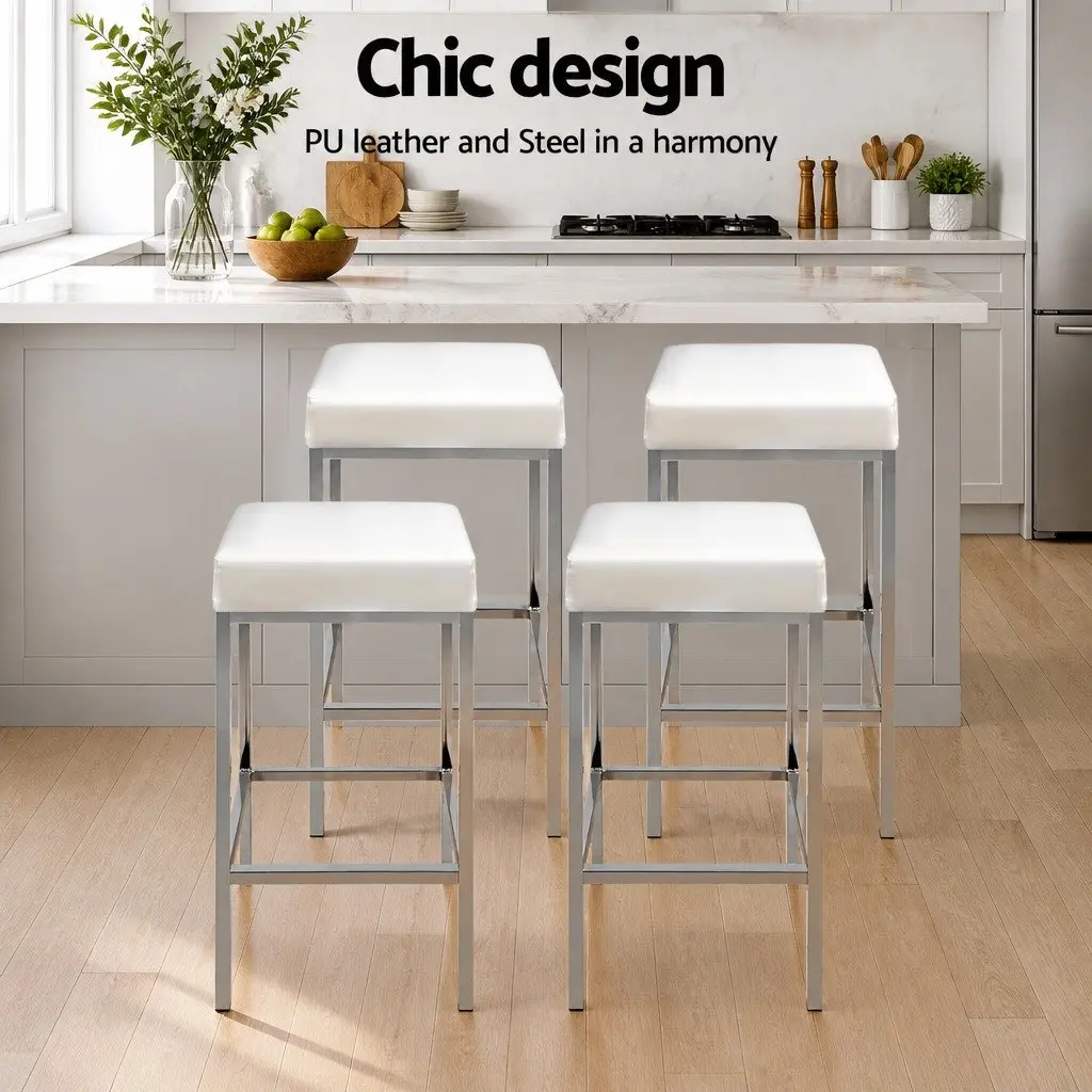 Bar Stools White PU Leather Padded Set of 4 Chrome Legs