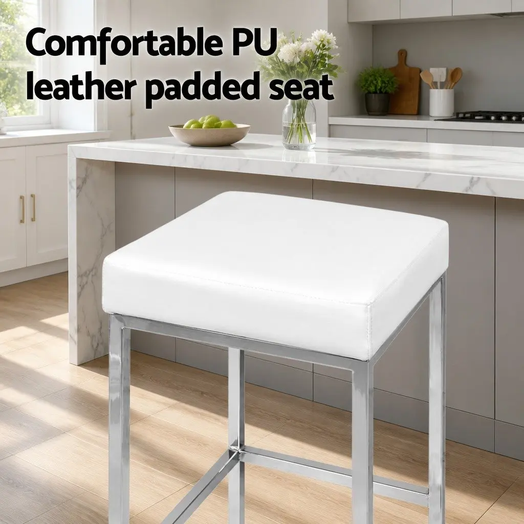 Bar Stools White PU Leather Padded Set of 4 Chrome Legs