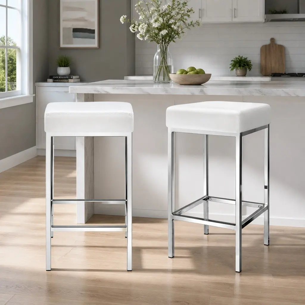 Bar Stools White PU Leather Padded Set of 4 Chrome Legs