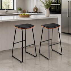 Set of 2 Black Bar Stools with Wooden Base and Metal Frame