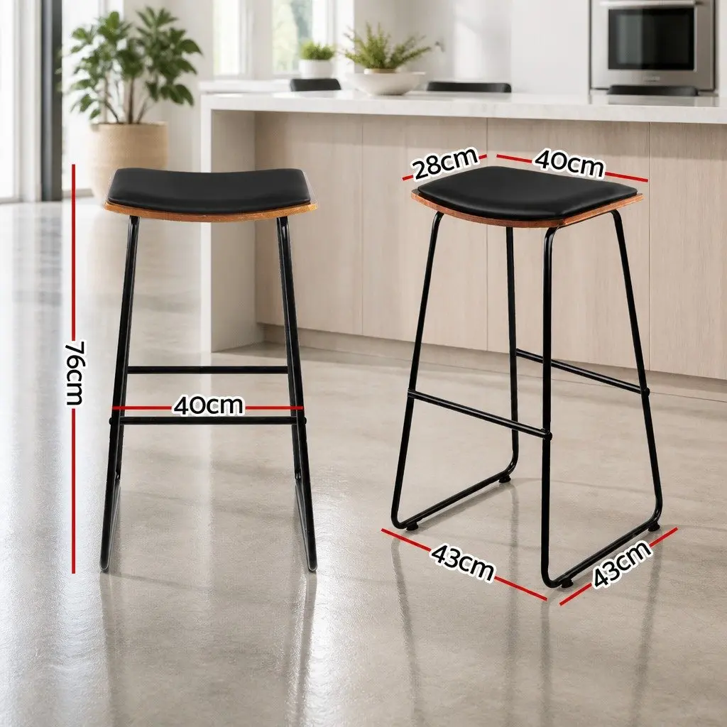 Set of 2 Black Bar Stools with Wooden Base and Metal Frame