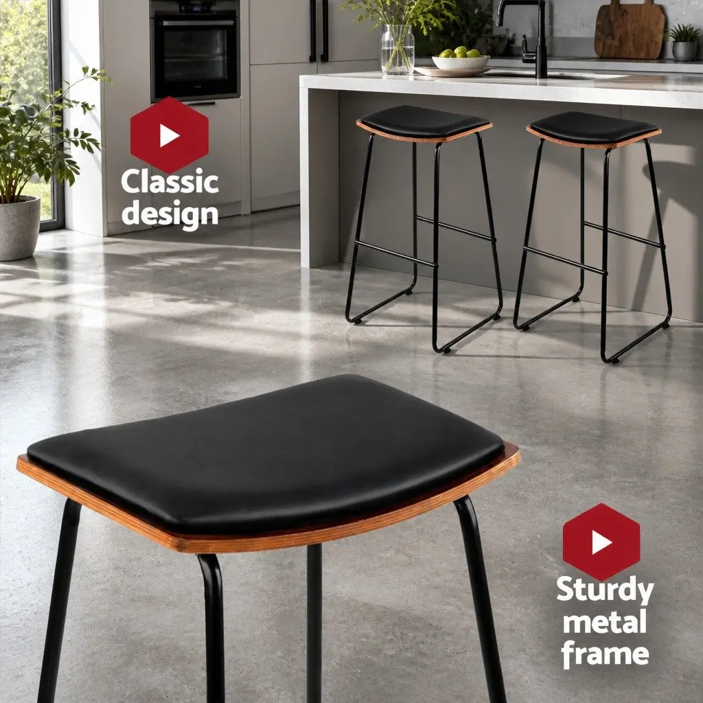 Set of 2 Black Bar Stools with Wooden Base and Metal Frame