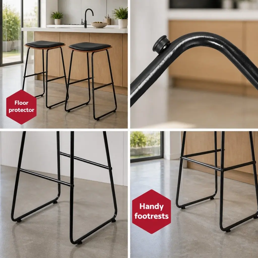 Set of 2 Black Bar Stools with Wooden Base and Metal Frame